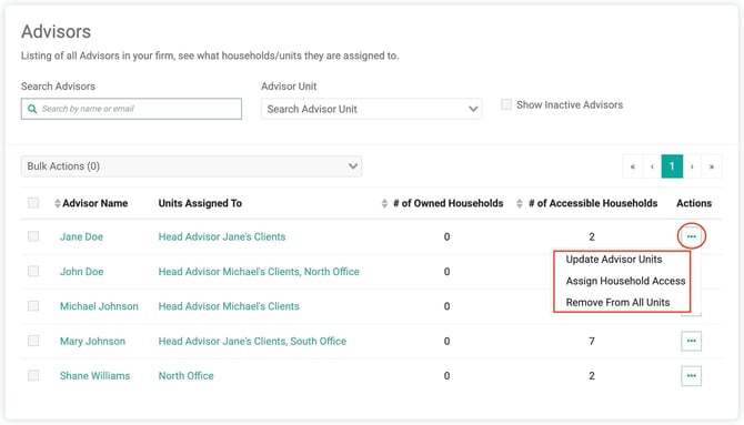 Advisors Page Actions
