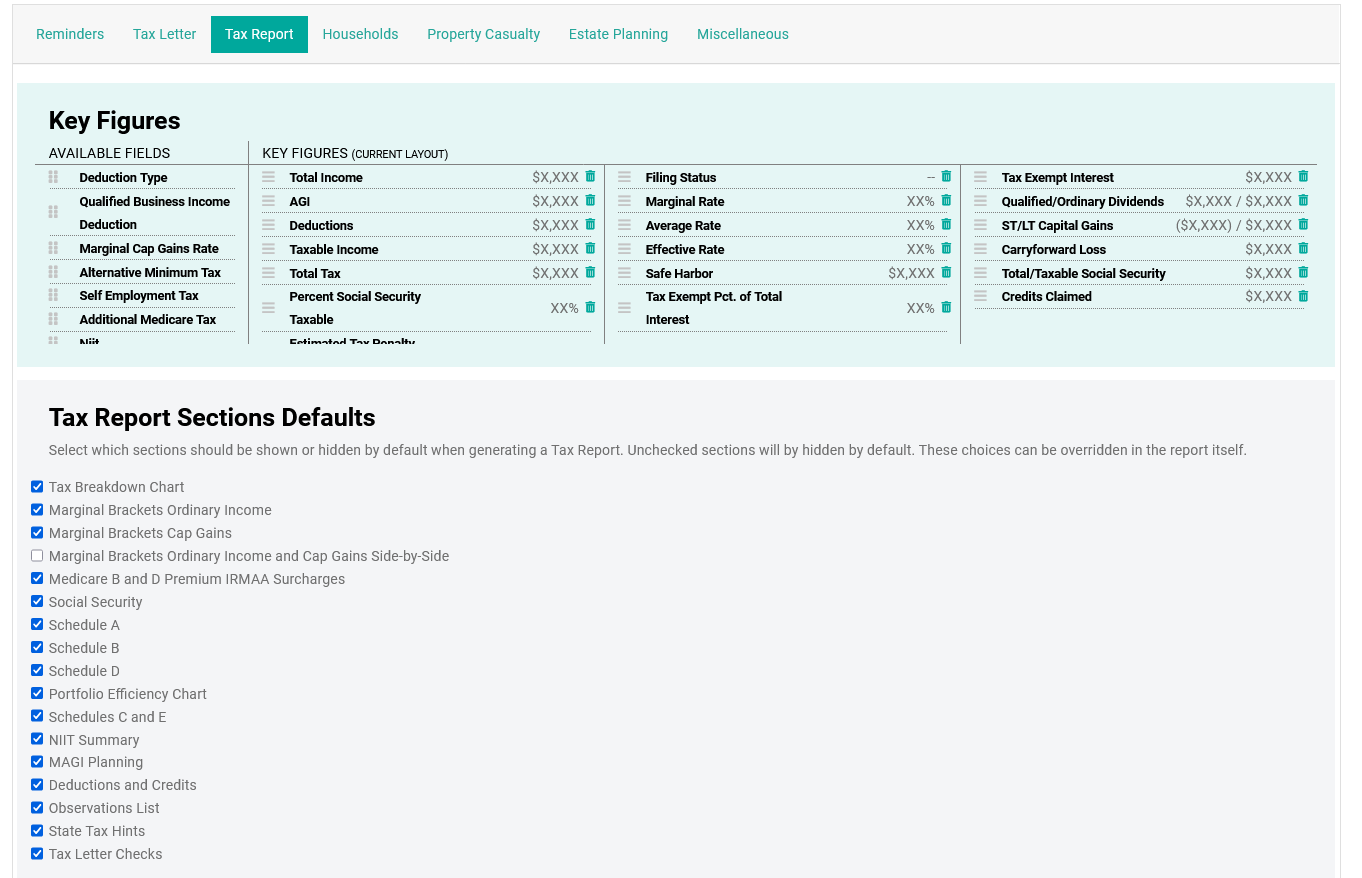 Tax Report Default Sections