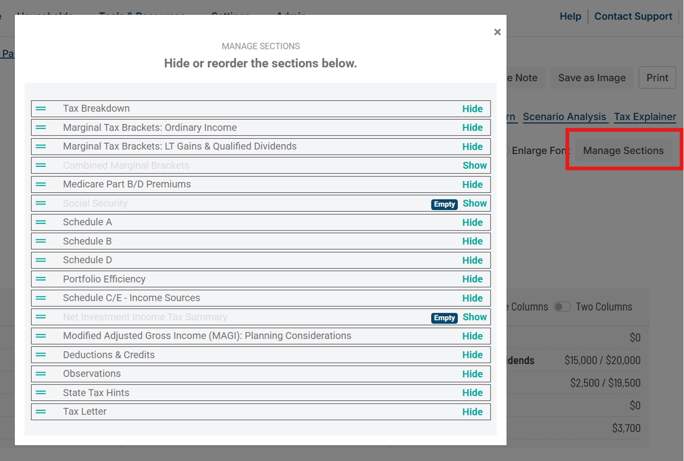 Tax Report Default Sections